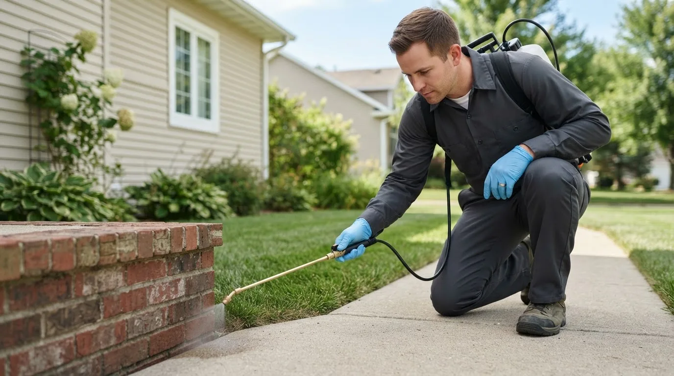 Pest control technician treating a home near Manchaca, TX